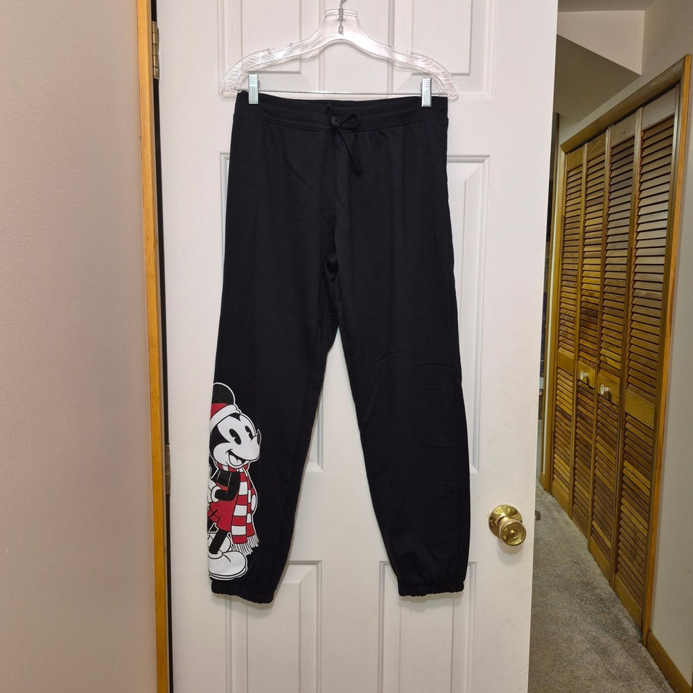 Disney Mickey Mouse Christmas Holiday Black Fleece Jogger Sweatpants Women Large